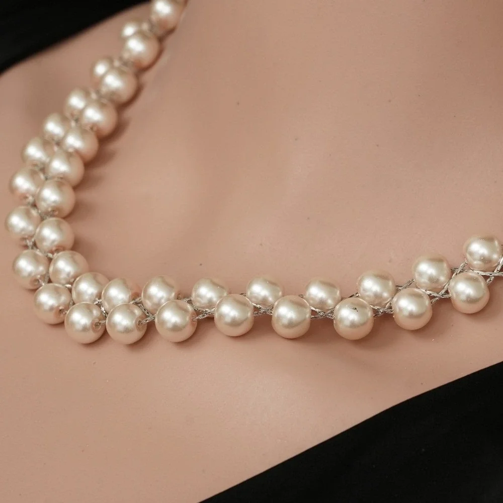 Double Strand Woven Faux Pearl Necklace Silver Tone Cream Beaded Statement Clasp